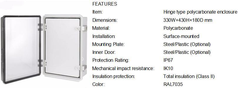 Polycarbonate Enclosure 334318 Transparent Cover